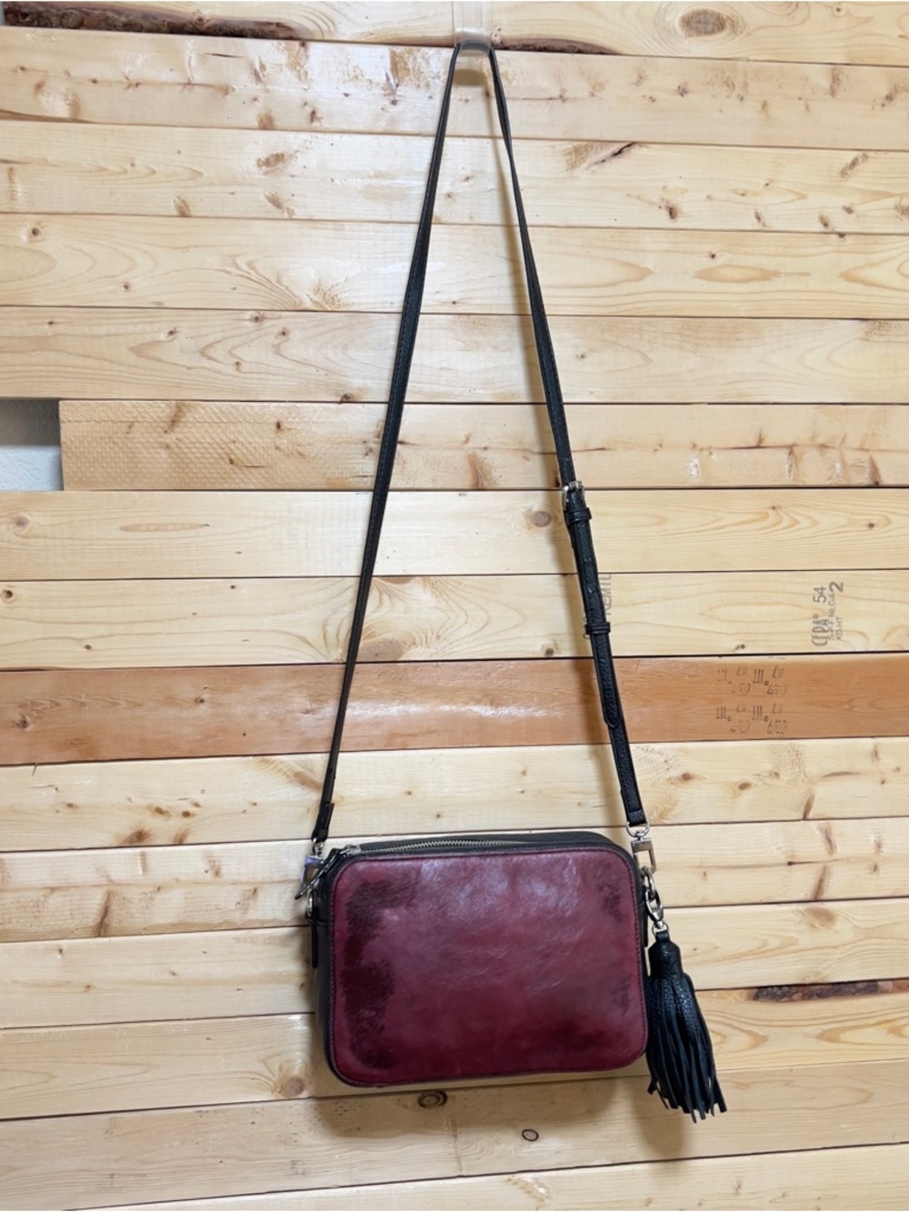 NORDSTROM Burgundy Leather Black Trim Distressed Textured Fur Zip Crossbody Bag